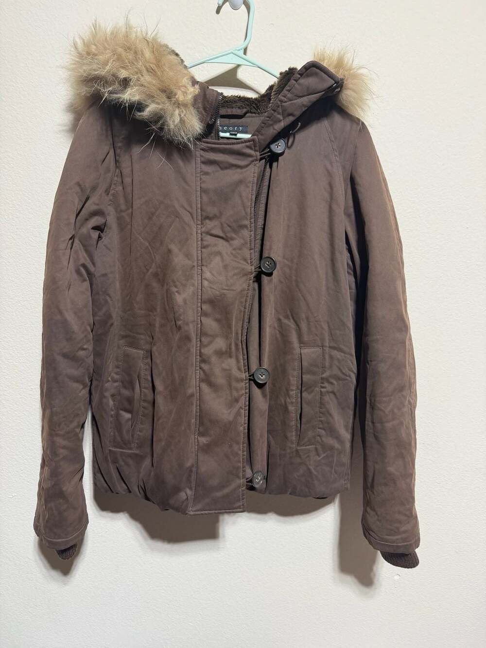 Theory Brown Puffer Winter Jacket with Faux Fur Hood